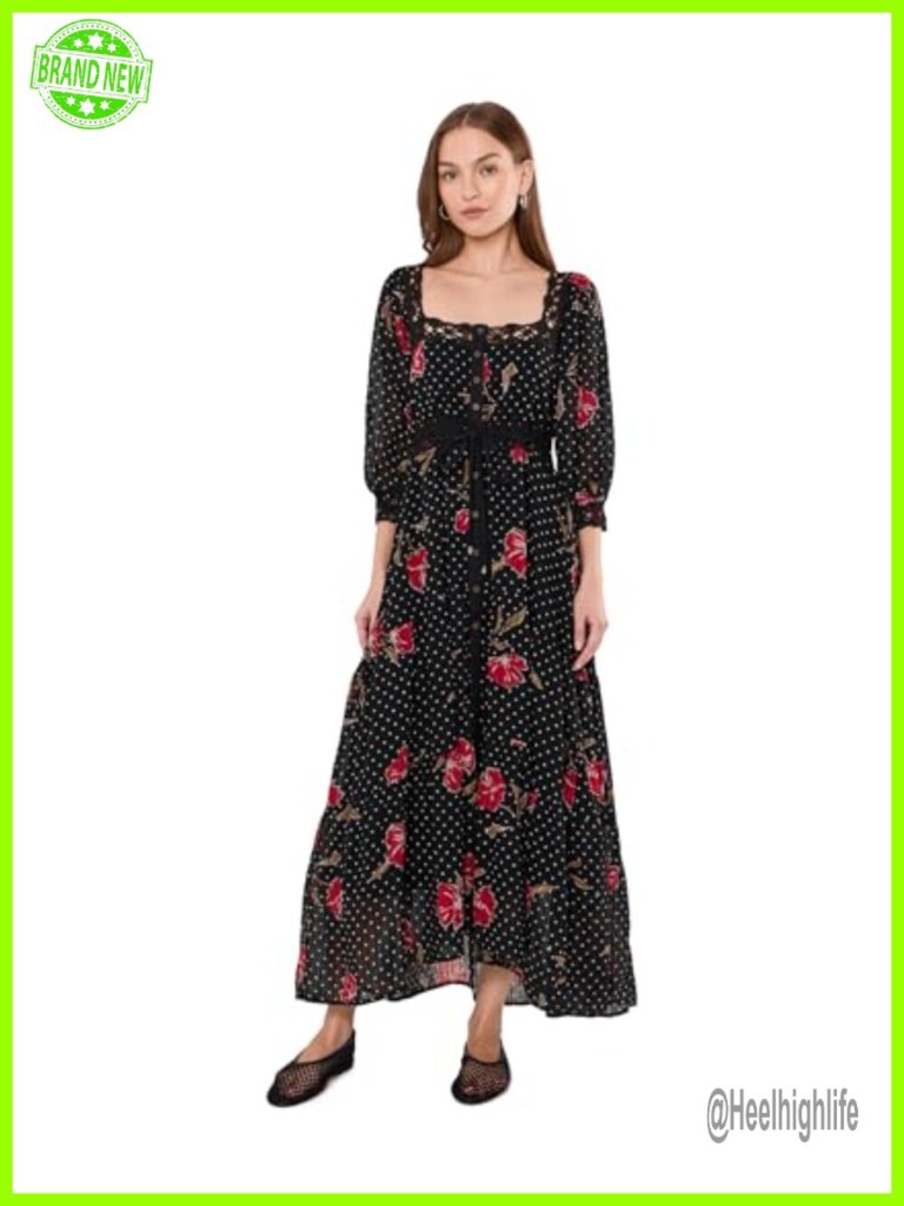 Free People Morning Meadows Long Sleeve Maxi Dress Cotton Lace Casual